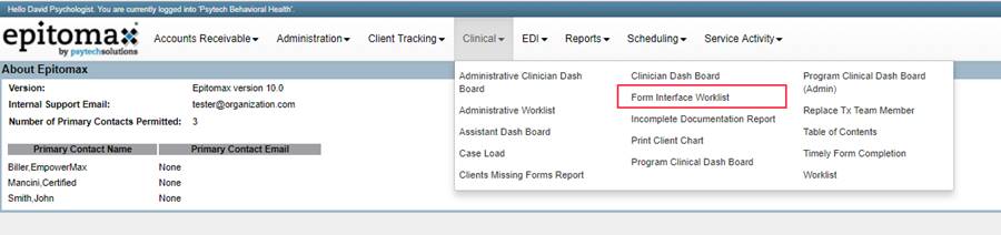 epitoma% 
ACCOu 
I ntl 
ot Pri 3 
Administration. 
100 
ugmiz 
Client Tracking 
c.nica'. 
ReputS 
S gtViCe Activity 
Clinician Dash 
cents Missing Report 
Clinician 01Sh 
print cent 
pragram cunicaJ 
program 
Admin ) 
TX Team Member 
Time* completion 